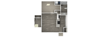 A floor plan of a house with a kitchen, living room, and bathroom.