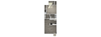 A floor plan of a house with a kitchen, living room, and two bedrooms.