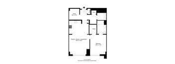 A floor plan of a room with a study, a kitchen, a dining area, a living room, and a bedroom.