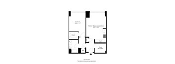 A floor plan of a one bedroom, one bathroom apartment.
