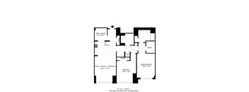 A floor plan of a house with a study, a kitchen, a dining area, a bedroom and a master bedroom.