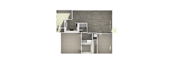 A floor plan of a small apartment with a kitchen, living room, and bathroom.