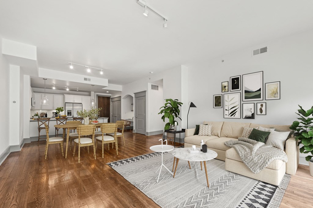 a living room with a couch and a table