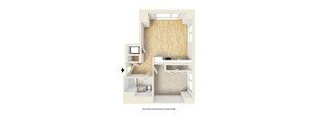 A diagram of a house with a kitchen, living room, and bathroom.