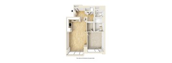 A diagram of a house with a kitchen, living room, and bathroom.