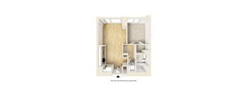 A drawing of a house with a kitchen, living room, and bathroom.