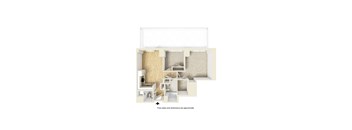 A drawing of a house with a kitchen, living room and bathroom.
