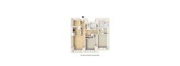 A diagram of a house layout with a kitchen, living room, and bathroom.