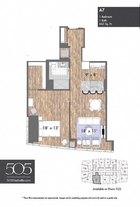 A 1 bedroom apartment with 1 bathroom and 860 square feet.