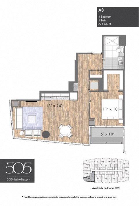 A floor plan for a 1 bedroom apartment sized at 775 square feet.