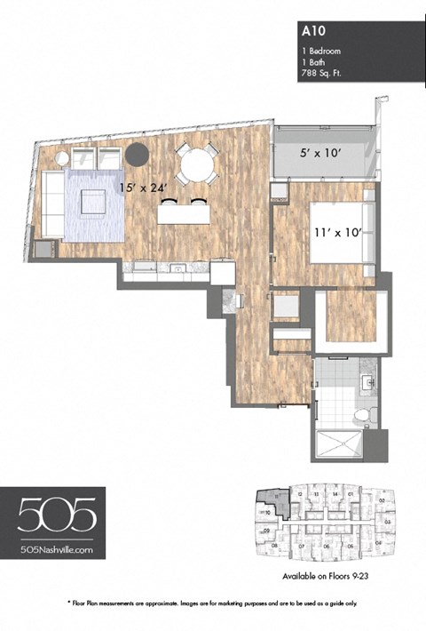 A 1 bedroom apartment with 1 bath and 788 square feet.