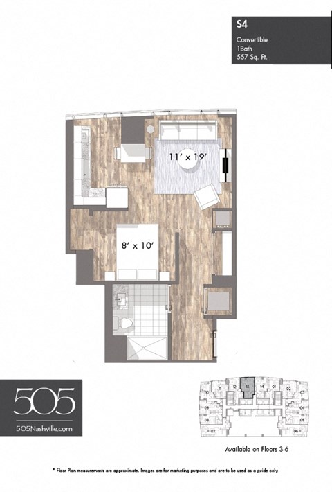 A floor plan for a 557 sq ft apartment with three bedrooms and two bathrooms.