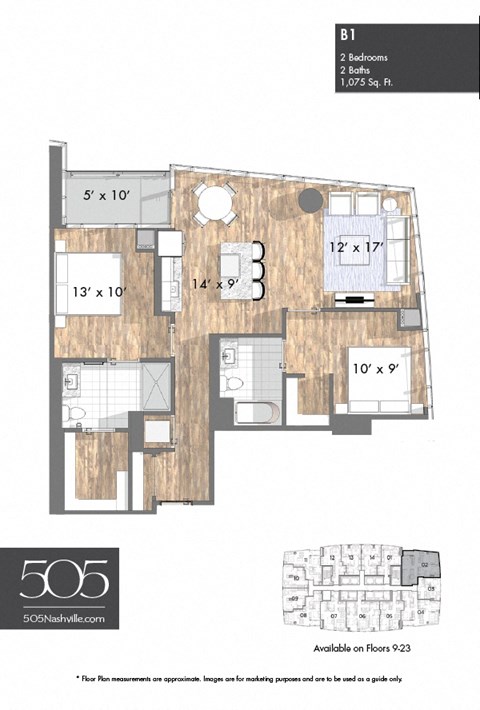 A 2-bedroom apartment with 2 bathrooms and 1,075 square feet.