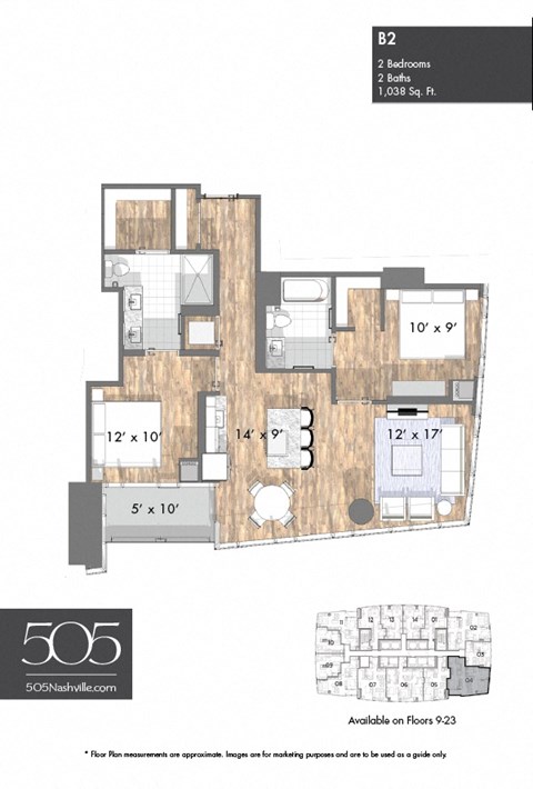 A 2-bedroom apartment with 2 bathrooms and 1,038 square feet.