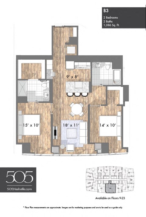 A floor plan for a property at 505 Nashville shows a layout with two bedrooms and two bathrooms.