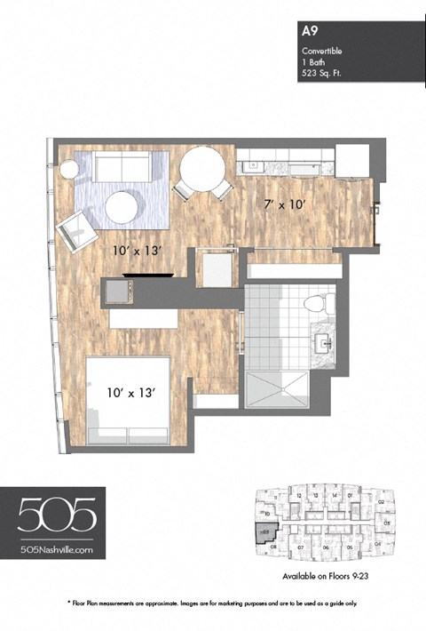 A 1 bedroom, 1 bathroom apartment with a living room, kitchen, and two bedrooms.