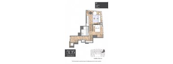 A 1 bedroom, 1 bathroom apartment with a living area and kitchen.
