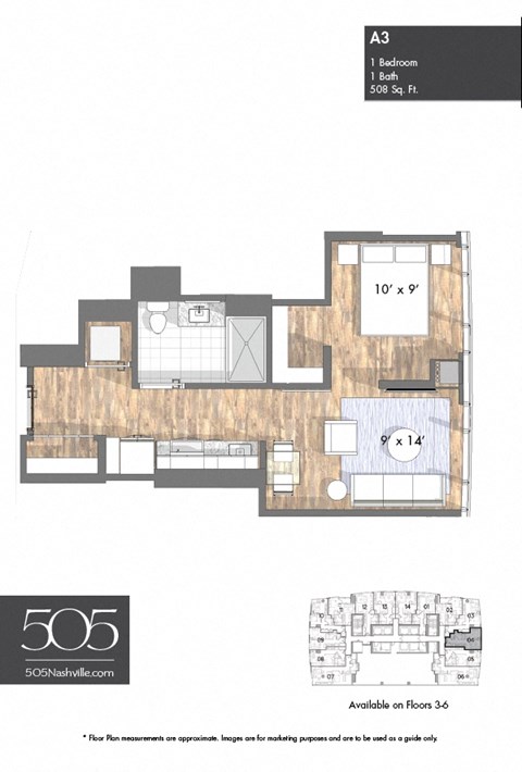 A drawing of a floor plan for an apartment labeled A3.