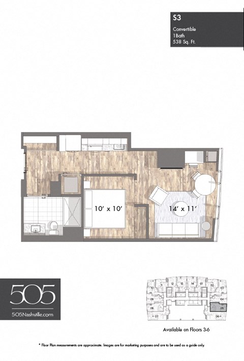 A floor plan of a 538 sq ft, one-bedroom apartment.