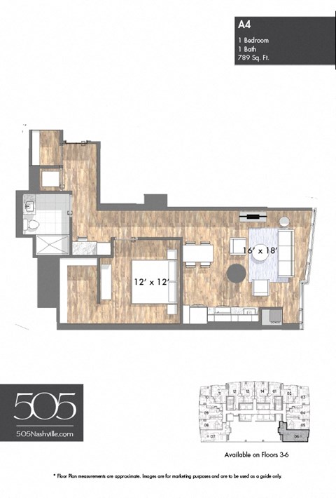 A floor plan of a 1 bedroom, 1 bathroom apartment sized at 789 square feet.