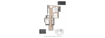 A floor plan of a studio apartment with a kitchen, living room, and bathroom.