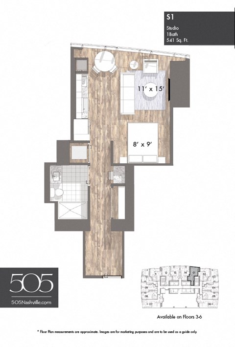 A floor plan of a studio apartment with a kitchen, living room, and bathroom.