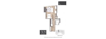 A floor plan of a studio apartment with a kitchen, living room, and bathroom.