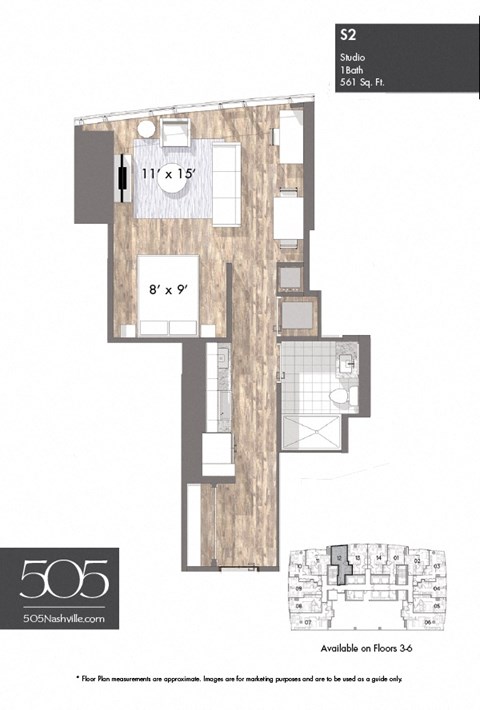 A floor plan of a studio apartment with a kitchen, living room, and bathroom.