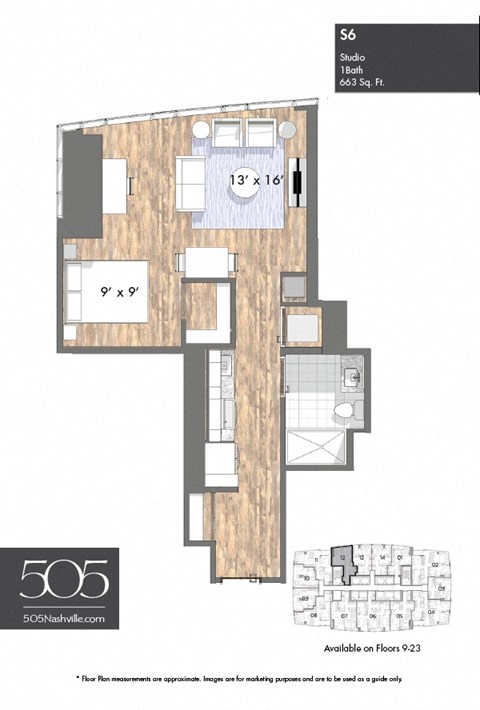 A floor plan for a studio apartment measuring 18 by 66 square feet.