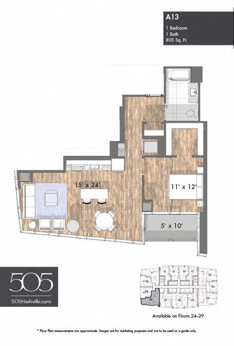 A 1 bedroom apartment with 1 bathroom and 805 square feet.