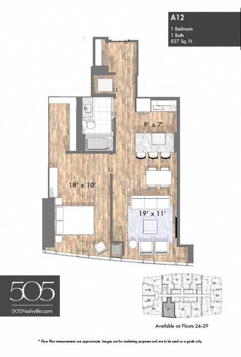 A 1-bedroom apartment with 1 bath and 827 square feet.