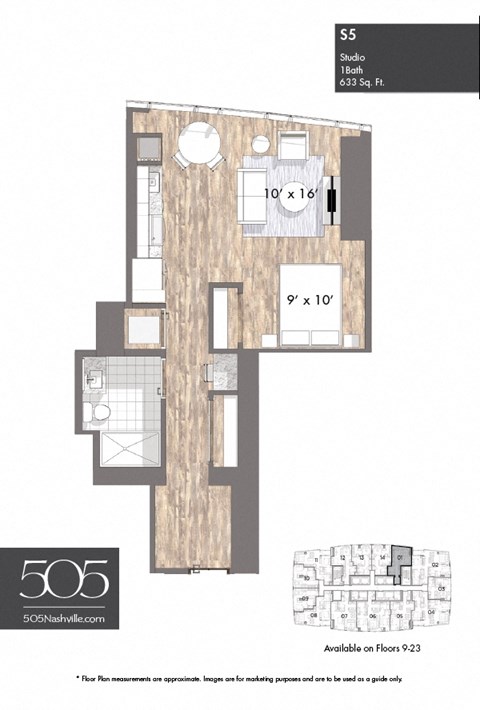 A floor plan for a studio apartment measuring 18 by 63 square feet.