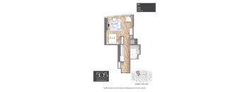 A floor plan of a studio apartment with a kitchen, living room, and bathroom.