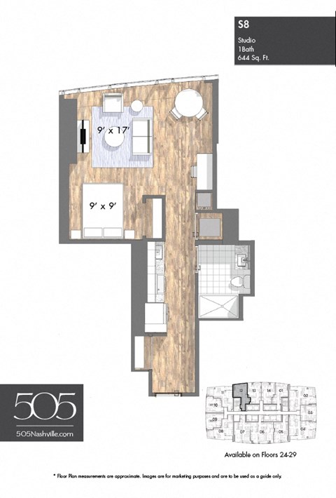 A floor plan of a studio apartment with a kitchen, living room, and bathroom.