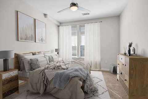 a bedroom with white walls and a bed with blankets and pillows