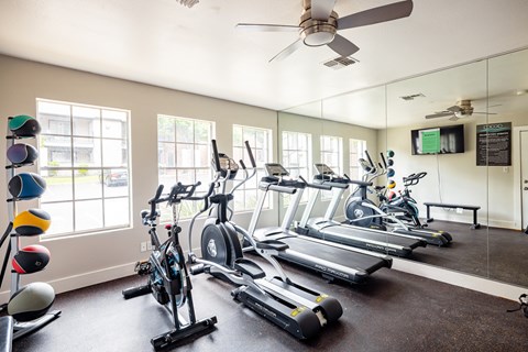 A gym with a mirror, treadmills, and exercise bikes.