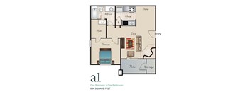 A floor plan of a one bedroom apartment with 634 square feet.