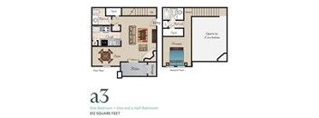 A floor plan of a one bedroom apartment with a half bathroom.
