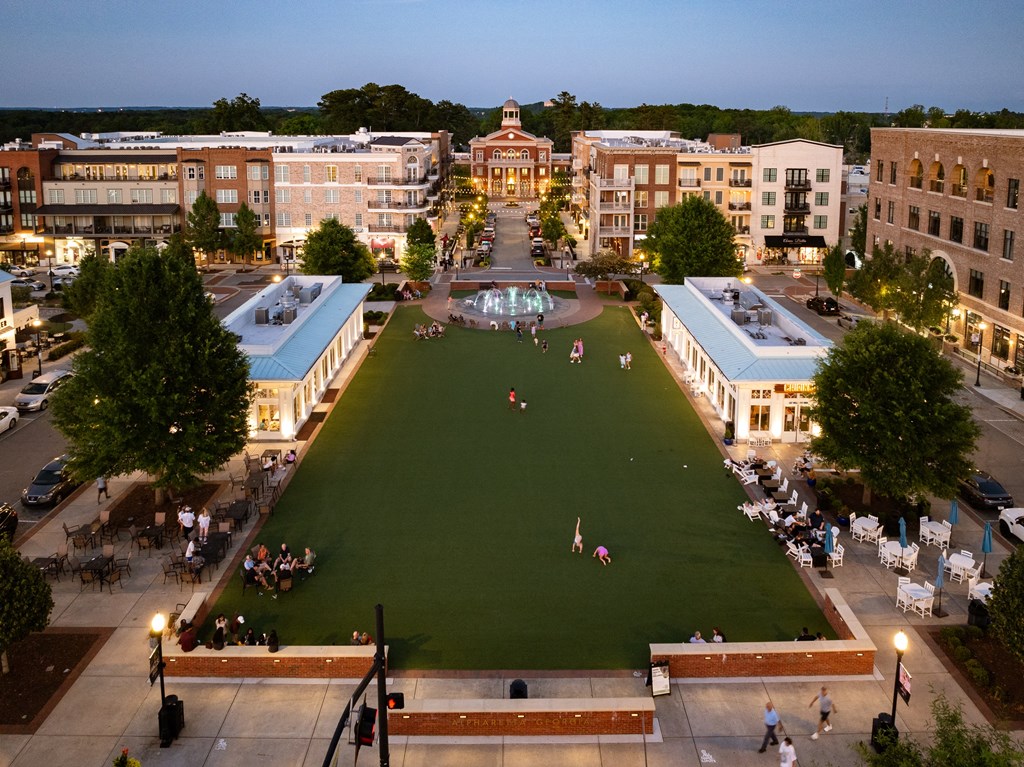 an aerial view of the campus at night