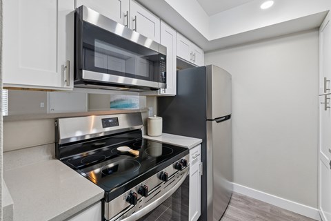 A modern kitchen with a stainless steel stove and microwave above it.