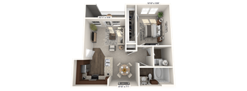 A 3D floor plan of a small apartment with a living room, kitchen, and bathroom.