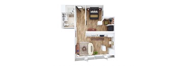a stylized floor plan of a small apartment with a bedroom and living room