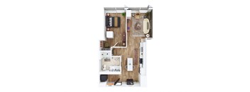 a stylized floor plan of a 1 bedroom apartment