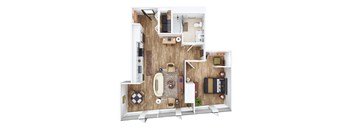 a stylized floor plan of a home with a bedroom and living room