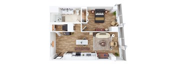 a 3d rendering of the 1 bedroom floor plan of a modern apartment