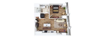 a 3d rendering of the 1 bedroom floor plan of a modern apartment
