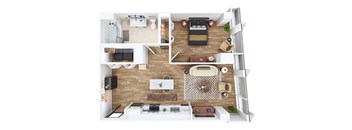 a 3d rendering of the 1 bedroom floor plan of a modern apartment