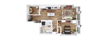 an overhead view of a 1 bedroom apartment with a wood floor