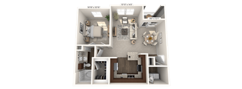 A 3D floor plan of a house showing a living room, kitchen, dining room, and two bedrooms.