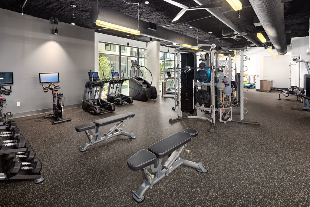 a gym with weights and cardio equipment in a building